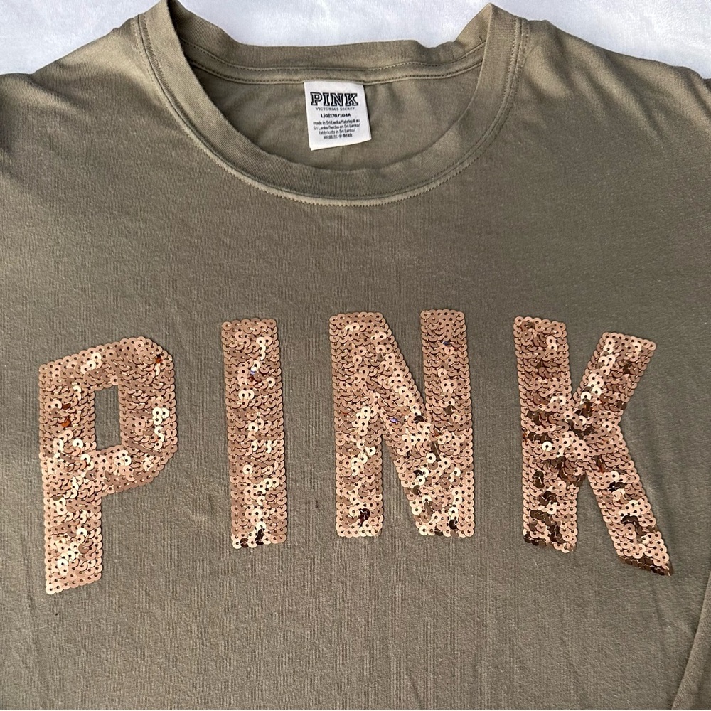 Women PINK Victoria's Secret Long Sleeve T-shirt Olive Green Bling Logo Sz Large